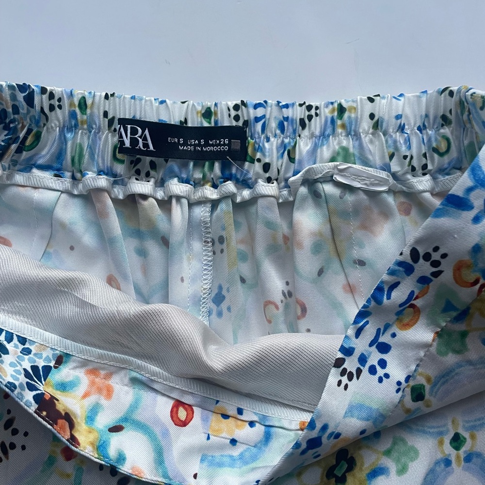 ZARA Patchwork Print Palazzo Pants — Satin Wide Leg High Waist | Size Small - Picture 3 of 6